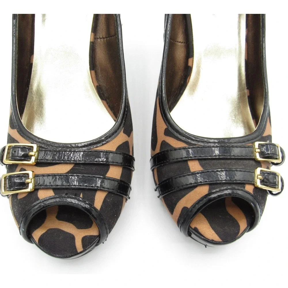 Candies Heels Brown & Black Leopard Fabric 3.5-Inch Heel Peep Toe Size 7M